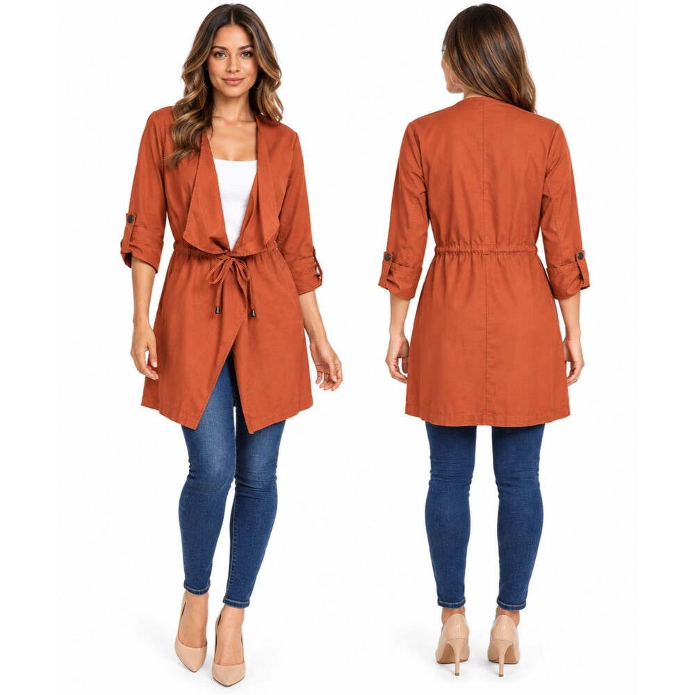 JustFab Womens Rust Orange Draped Open Front Roll Tab Utility Jacket Size Medium